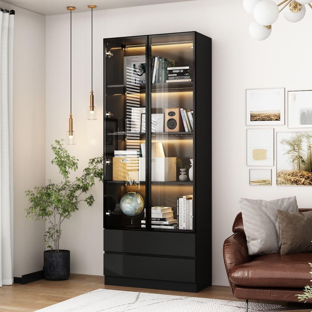 Lighting & Home Decor Studio - Black 4-Tier Display Cabinet with Glass